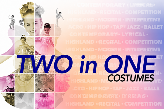 Promotional graphic for 'Two in One Costumes' featuring a collage of young dancers in pink, gold, and white costumes against a pastel gradient background with text listing dance styles.