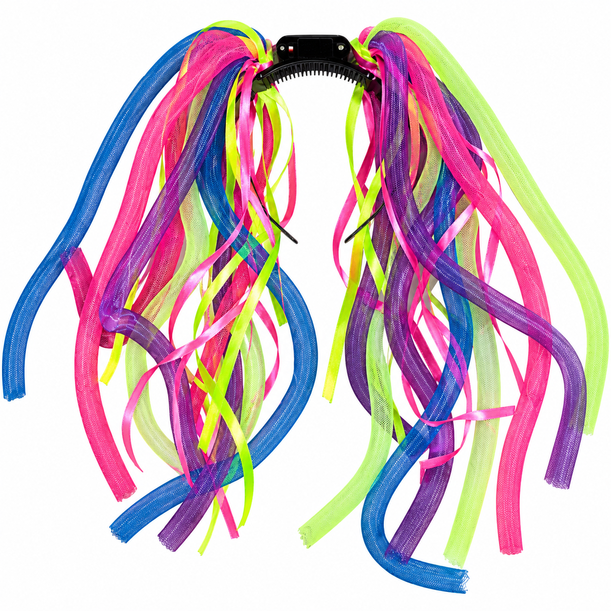 A black hair clip with two long, flowing synthetic ribbon tails in neon pink, blue, purple, and lime green, shown on a plain white background.